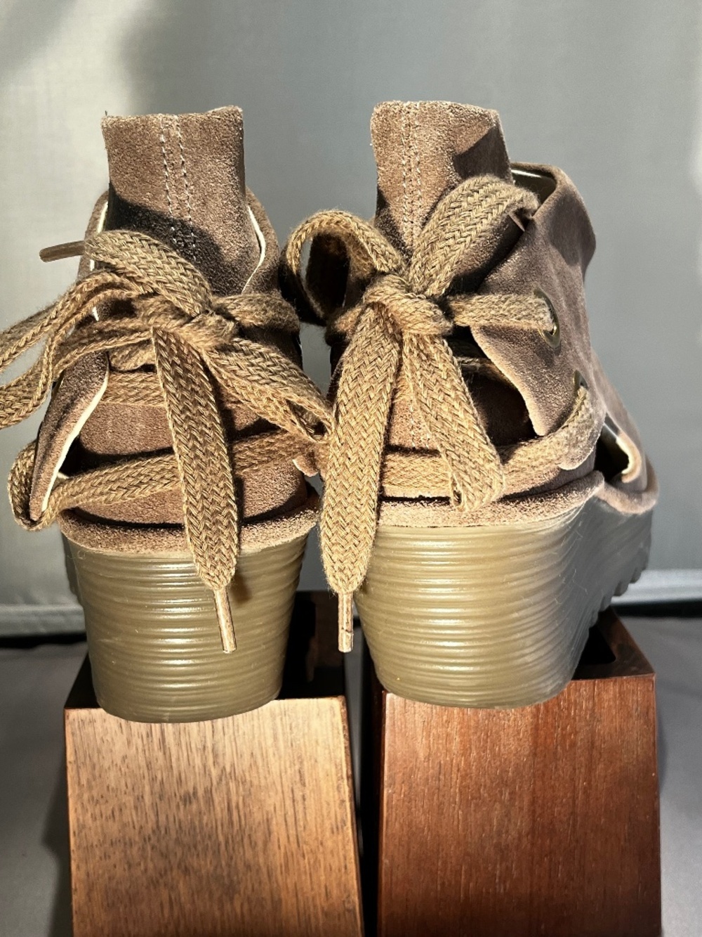 Fly London Yema Classic Taupe Suede Peep Toe Sandal Lace Up Size 39